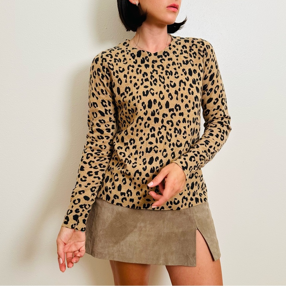 J. Crew Tan and Black Leopard Print Everyday Cashmere Crewneck Sweater